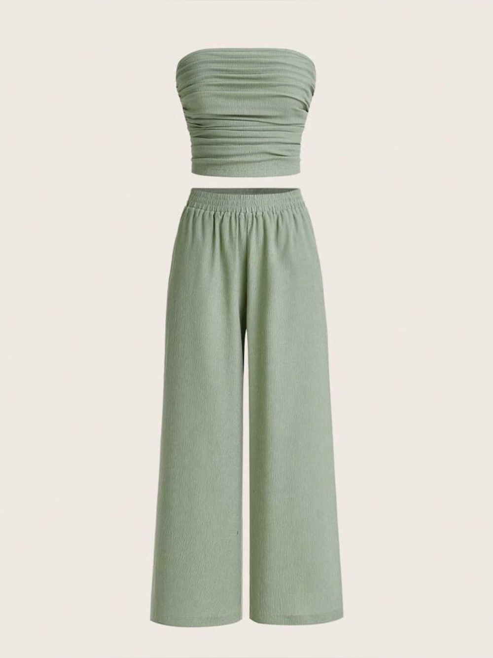 Wide Leg High-Waist Pants Set with Tube Top - Sage Green XS